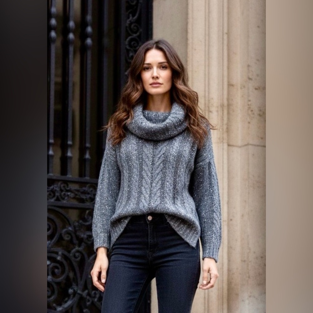 Anne Klein Charcoal Cowl Neck Sweater w/ Sequins S